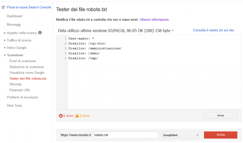 Tester Google dei file robots