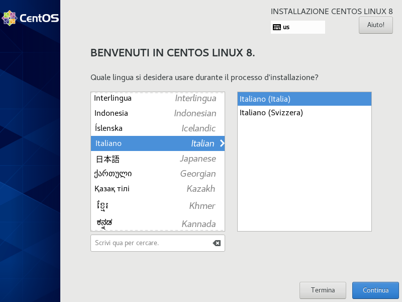 selezione lingua centos 8