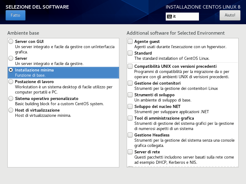 selezione tipo di installazione centos 8