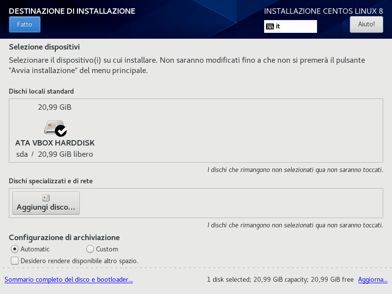 selezione disco di installazione centos 8