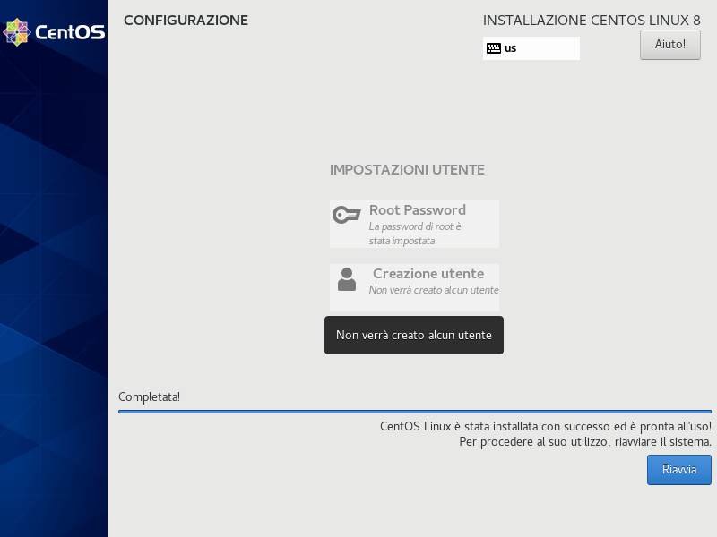 password utente root centos 8