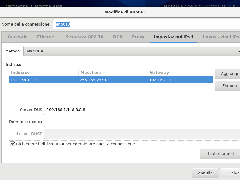 configurazione manuale scheda di rete centos 8