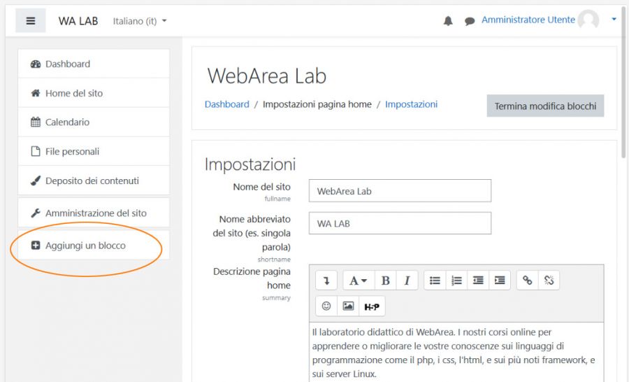 moodle aggiungi blocco home page